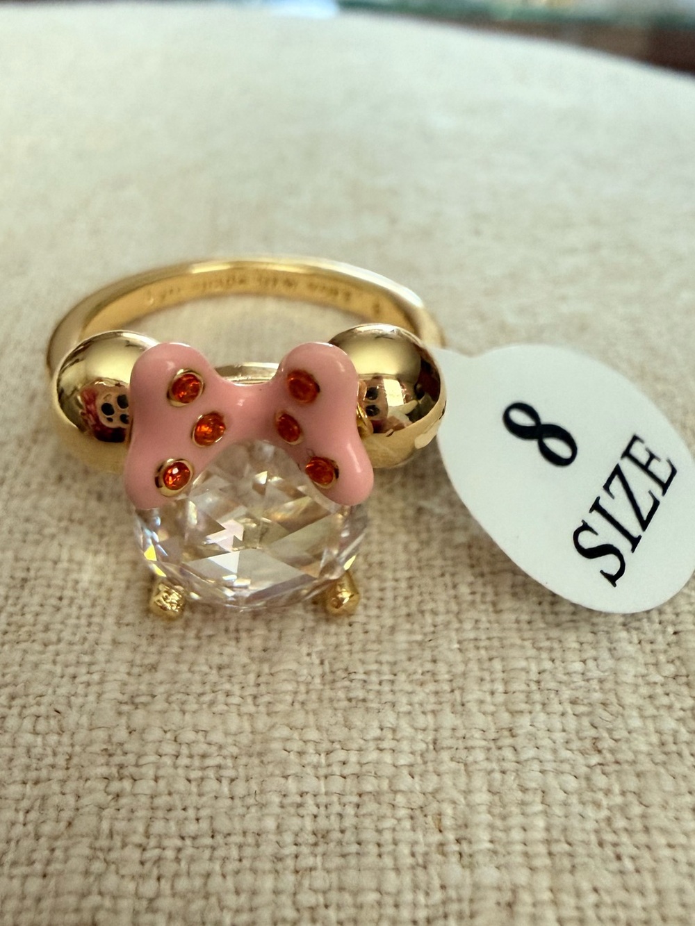 Kate Spade Gold Tone Minnie Mouse Ring with Pink Bow and Clear Crystal Accent
